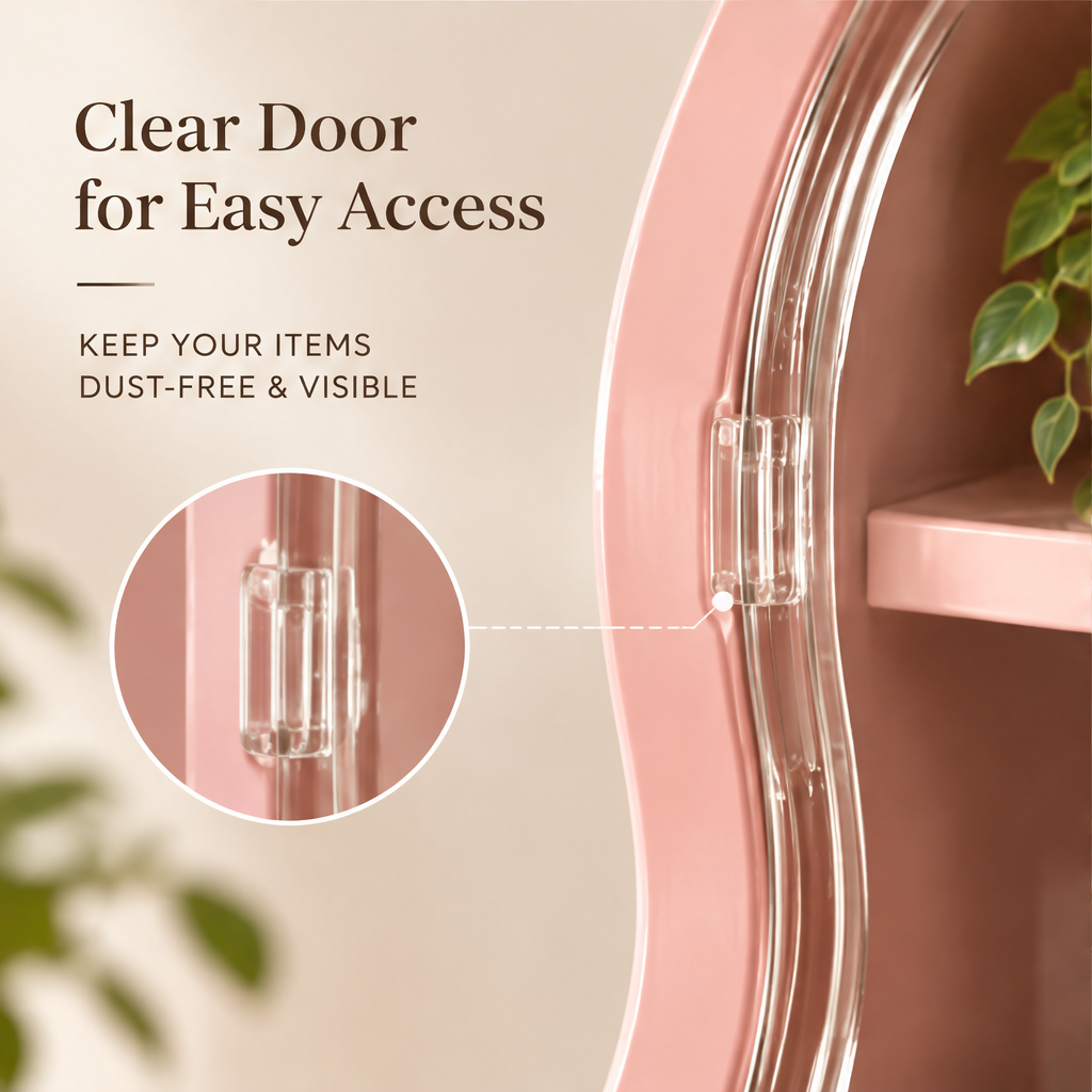 Premium quality material — durable PP material, BPA free and non-toxic, smooth finish easy to clean, sturdy and long lasting. Side profile view of pink wave-shaped display cabinet