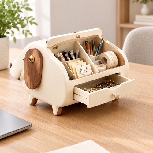 Cream white puppy-shaped desk organizer with walnut wood ear and leg accents, flip lid open showing divided compartments with pens, brushes, stickers and washi tape, bottom drawer pulled open with gold jewelry, on wooden desk