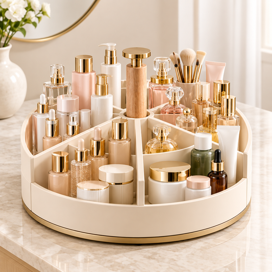 Cream white 360-degree rotating makeup organizer tray with gold trim, filled with skincare serums, foundation bottles, perfume, moisturizers and makeup brushes on a marble vanity