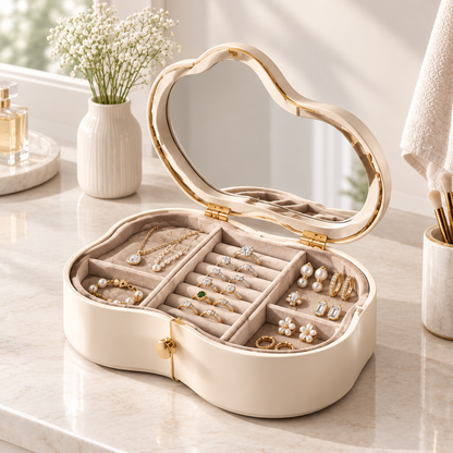 Open cream white cloud-shaped jewelry box with gold trim and built-in mirror lid, displaying rings on velvet roll, earrings, necklaces and bracelets in divided sections on a marble vanity