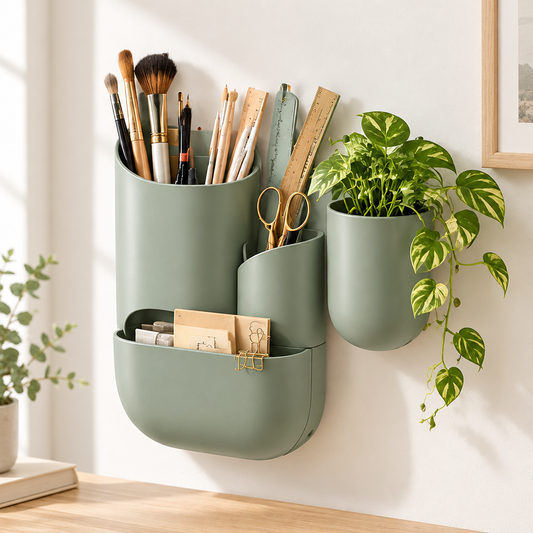 Sage green wall-mounted multi-pocket organizer holding makeup brushes, pencils, scissors, notecards, and a trailing pothos plant