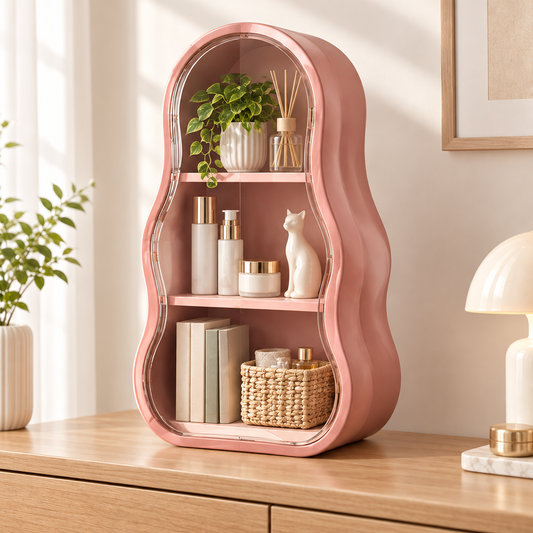 Pink wave-shaped 3-tier display shelf with clear door, holding plants, reed diffuser, skincare bottles, ceramic cat figurine, books and woven basket on a wooden dresser in a bright living room
