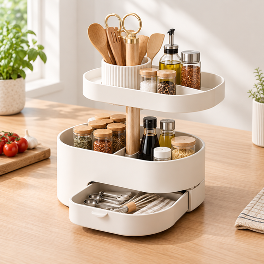 3-tier rotating kitchen organizer with spices, condiments, and utensils on a wooden countertop