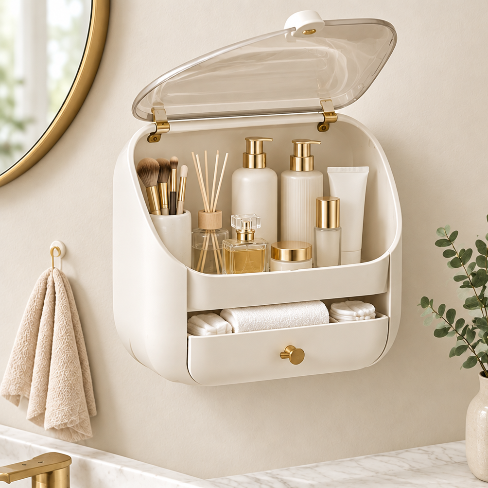 Wall-mounted cream makeup organizer with open transparent flip lid showing skincare bottles, makeup brushes and perfume, with bottom drawer holding folded towels and cotton pads, mounted in a gold bathroom