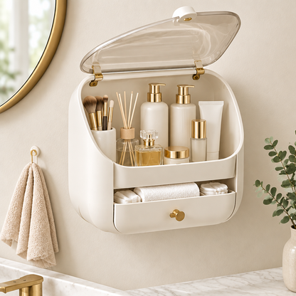 Wall-mounted cream makeup organizer with open transparent flip lid showing skincare bottles, makeup brushes and perfume, with bottom drawer holding folded towels and cotton pads, mounted in a gold bathroom