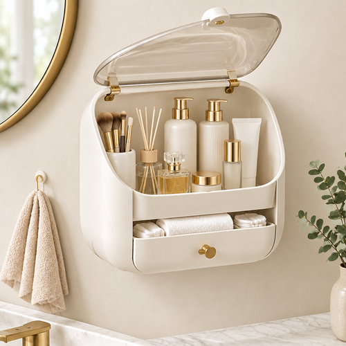 Wall-mounted cream makeup organizer with open transparent flip lid showing skincare bottles, makeup brushes and perfume, with bottom drawer holding folded towels and cotton pads, mounted in a gold bathroom
