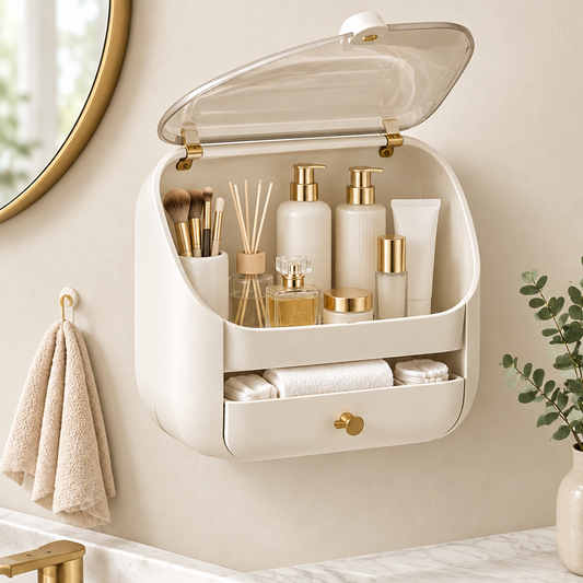 Wall-mounted cream makeup organizer with open transparent flip lid showing skincare bottles, makeup brushes and perfume, with bottom drawer holding folded towels and cotton pads, mounted in a gold bathroom