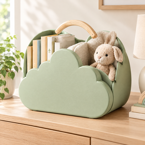 Sage green cloud-shaped kids storage basket with wooden arch handle, holding books and a plush bunny toy on a wooden dresser in a bright nursery