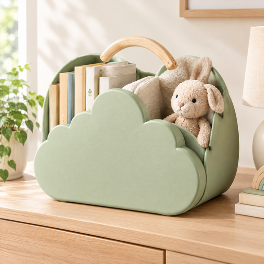 Sage green cloud-shaped kids storage basket with wooden arch handle, holding books and a plush bunny toy on a wooden dresser in a bright nursery
