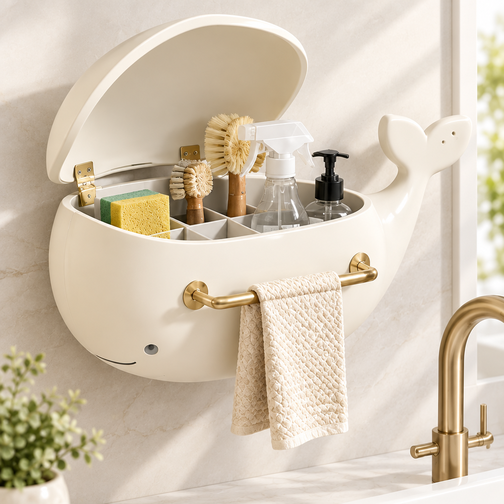 Cream white whale-shaped wall-mounted organizer with open flip lid and gold hinges, holding sponges, cleaning brushes and spray bottles, with gold towel bar holding a linen hand towel, mounted in a bright bathroom
