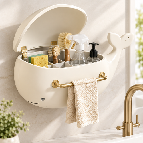Cream white whale-shaped wall-mounted organizer with open flip lid and gold hinges, holding sponges, cleaning brushes and spray bottles, with gold towel bar holding a linen hand towel, mounted in a bright bathroom