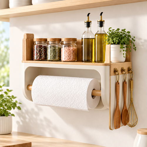 Wall-mounted bamboo and ABS kitchen shelf with paper towel holder below and gold utensil hooks on the side, holding spice jars, oil bottles and herbs on the upper shelf