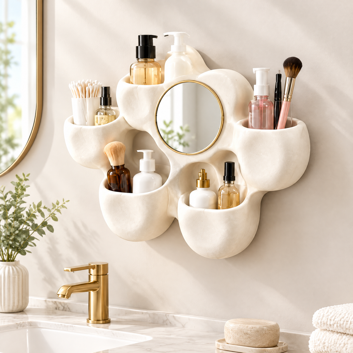 Flower-shaped wall-mounted bathroom organizer with gold-rim mirror and multiple pockets holding skincare, makeup brushes, and toiletries above a marble bathroom sink
