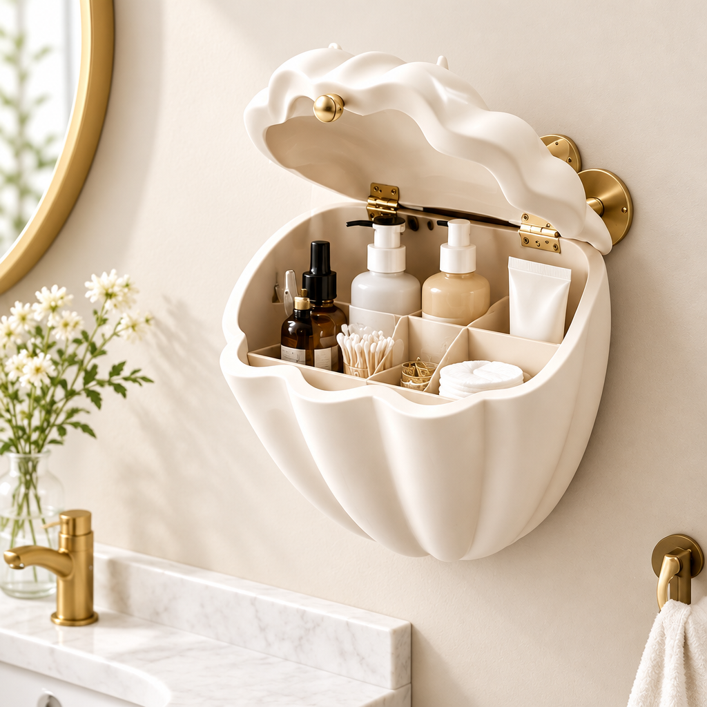 Cream white shell-shaped wall-mounted organizer with open wavy flip lid, gold ball knob and gold hinges, holding skincare bottles, serums, cotton buds and cotton pads in a marble bathroom