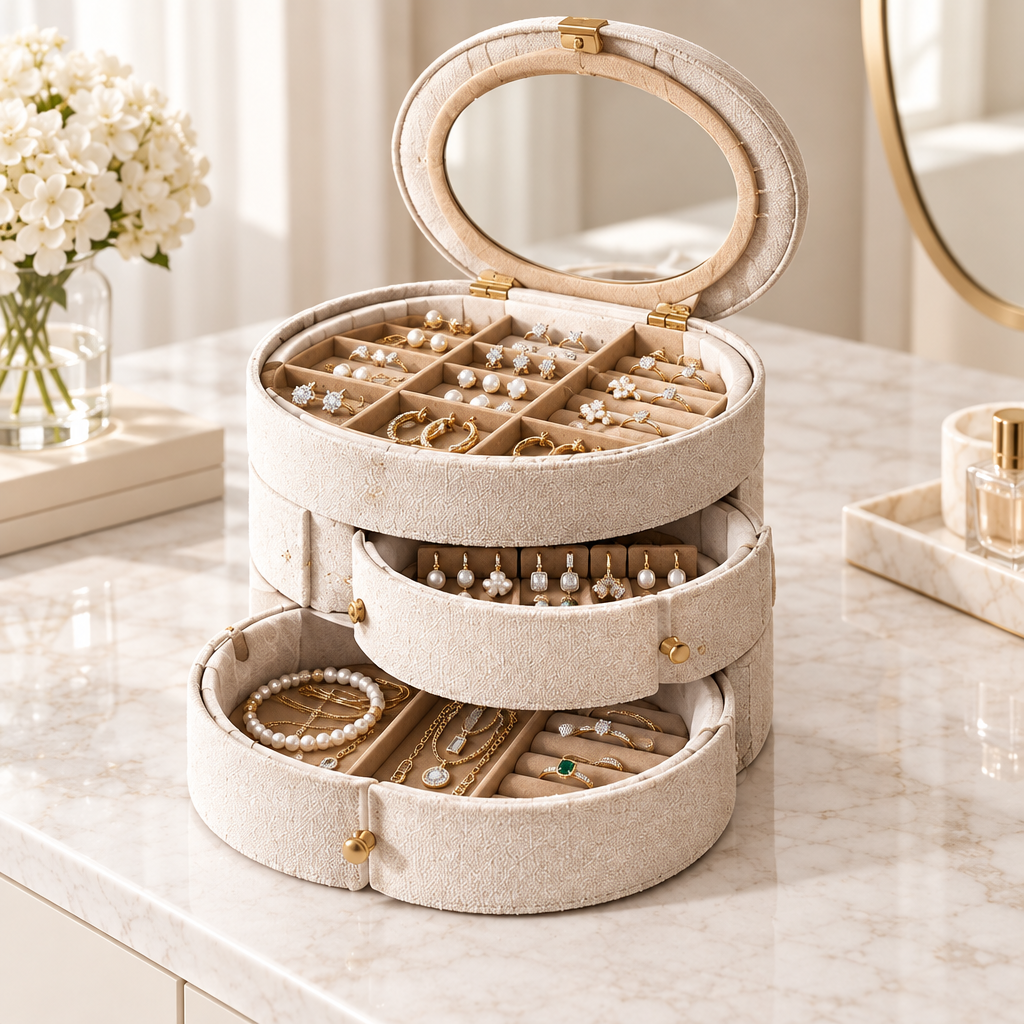 Cream linen 3-layer round jewelry box fully open with oval mirror lid and gold handle, showing rings, earrings and small accessories on top tray, drop earrings on middle tray and bracelets with necklaces on bottom tray, on marble vanity
