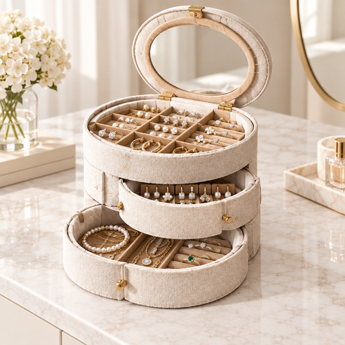 Cream linen 3-layer round jewelry box fully open with oval mirror lid and gold handle, showing rings, earrings and small accessories on top tray, drop earrings on middle tray and bracelets with necklaces on bottom tray, on marble vanity