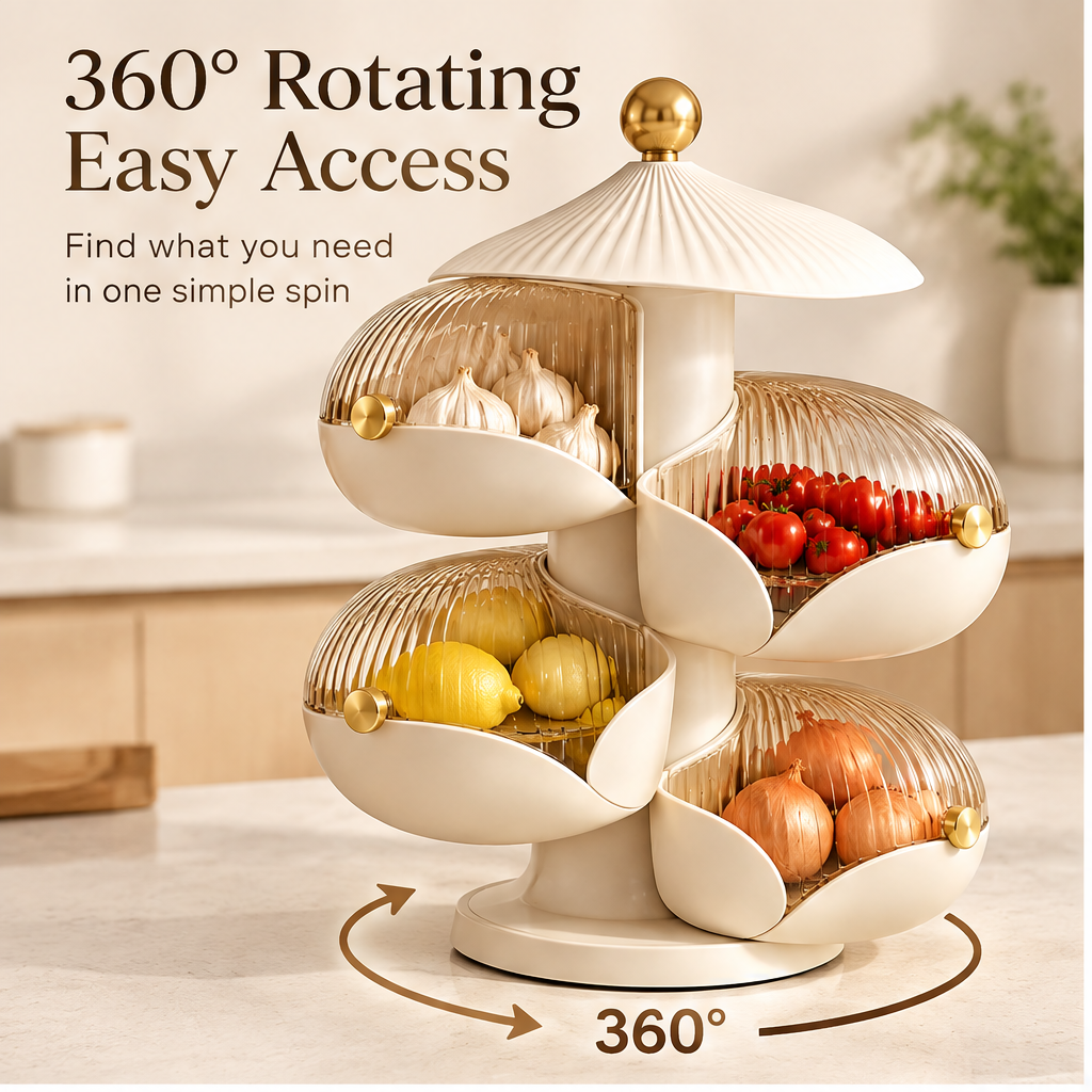 360° rotating easy access — find what you need in one simple spin, loaded with garlic, tomatoes, lemons, and onions