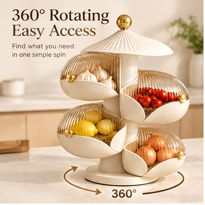 360° rotating easy access — find what you need in one simple spin, loaded with garlic, tomatoes, lemons, and onions