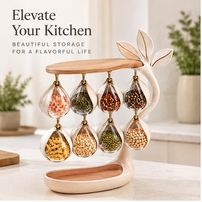 Tree-shaped spice rack with 8 hanging glass jars filled with spices and grains — elevate your kitchen, beautiful storage for a flavorful life