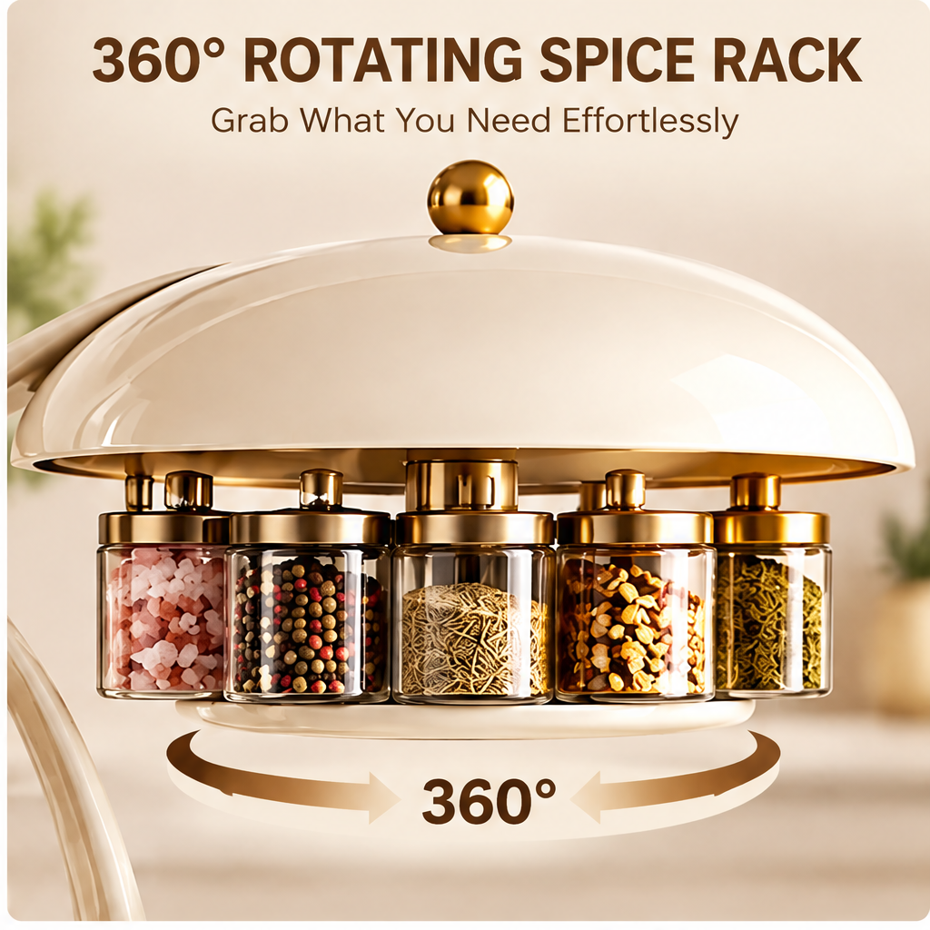 360° rotating spice rack under dome lid — grab what you need effortlessly with 5 glass jars with gold lids