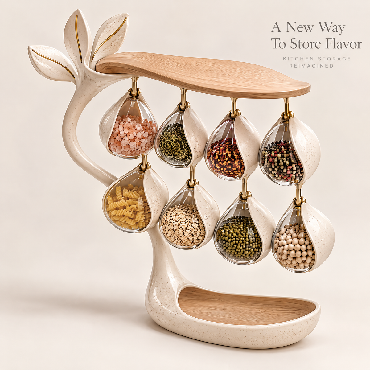 A new way to store flavor — kitchen storage reimagined, full view of tree spice rack with 8 teardrop glass jars on white background