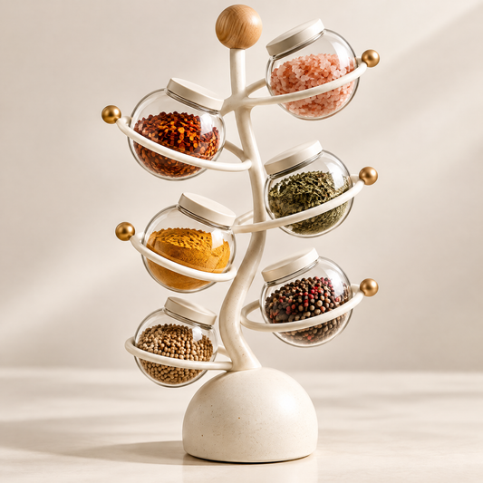 360° rotating tree spice rack with 6 globe glass jars filled with colorful spices — stylish storage for a more organized, beautiful kitchen