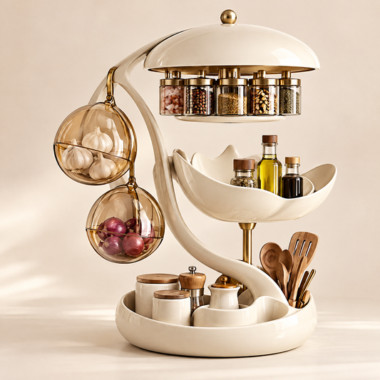 Multi-level kitchen organizer station with 360° rotating spice rack under dome lid, hanging transparent storage bins for garlic and onions, mid-level tray for oils, and base tray for utensils