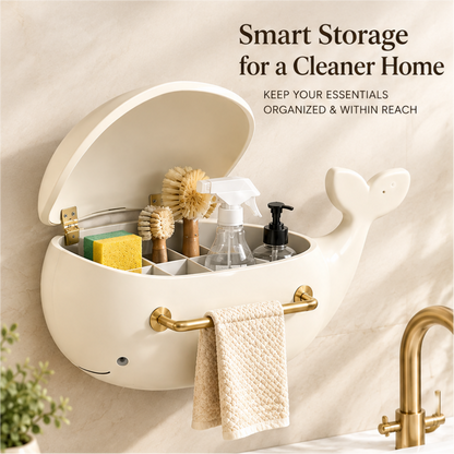 Smart storage for a cleaner home — keep your essentials organized and within reach. Whale organizer open with cleaning supplies and towel bar in gold bathroom