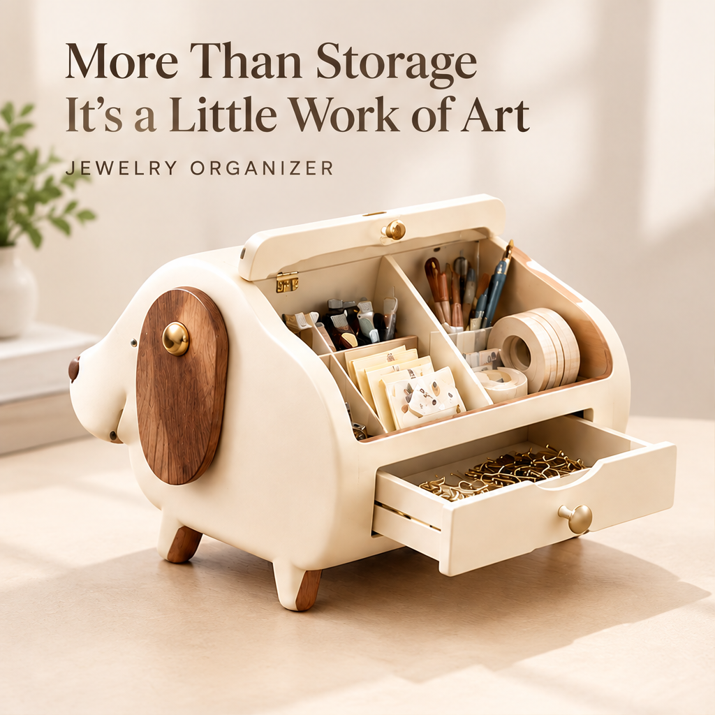 More than storage, it's a little work of art — jewelry organizer. Cream puppy-shaped box open showing inner compartments with stationery and art supplies, bottom drawer with gold jewelry
