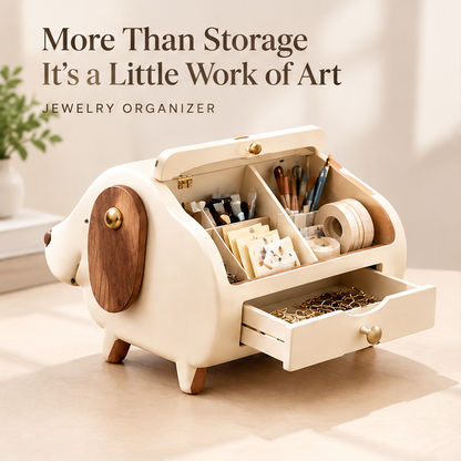 More than storage, it's a little work of art — jewelry organizer. Cream puppy-shaped box open showing inner compartments with stationery and art supplies, bottom drawer with gold jewelry
