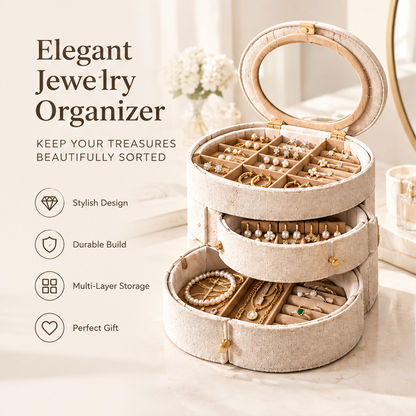 Elegant jewelry organizer — keep your treasures beautifully sorted. Stylish design, durable build, multi-layer storage, perfect gift. Three-tier linen jewelry box open with mirror lid