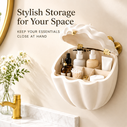 Stylish storage for your space — keep your essentials close at hand. Shell-shaped wall organizer open in a gold bathroom with flowers