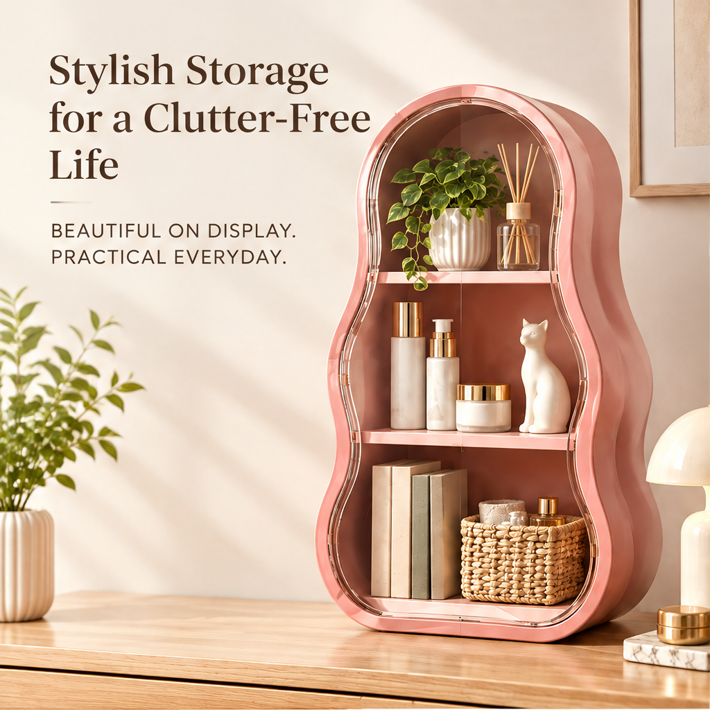 Stylish storage for a clutter-free life — beautiful on display, practical everyday. Pink wave-shaped shelf with clear door styled with plants, skincare and decor objects