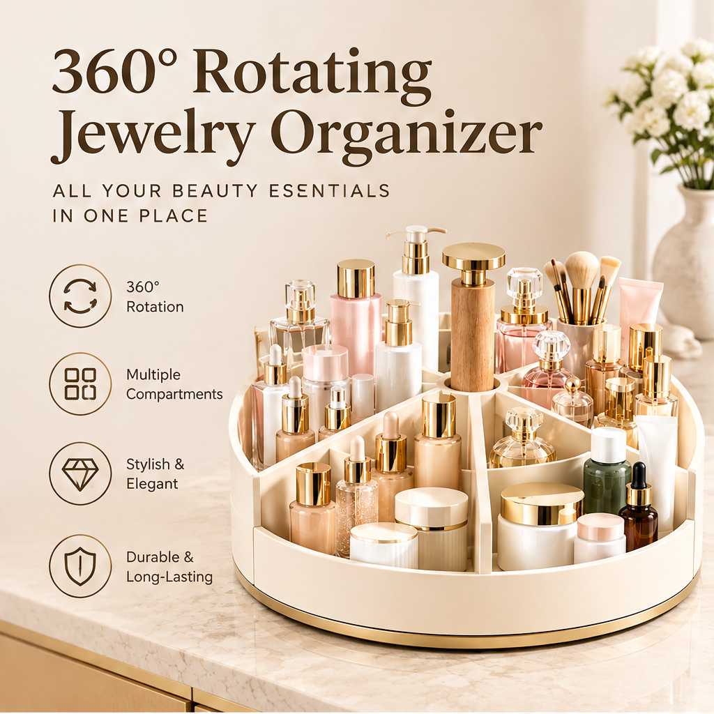 360 degree rotating jewelry organizer — all your beauty essentials in one place. Features 360 rotation, multiple compartments, stylish and elegant design, durable and long-lasting