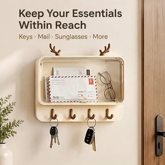 Wall-mounted key holder with transparent storage box holding mail and glasses, and 4 antler hooks with keys hanging — keep your essentials within reach