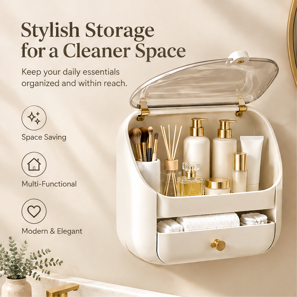 Stylish storage for a cleaner space — keep your daily essentials organized and within reach. Space saving, multi-functional, modern and elegant