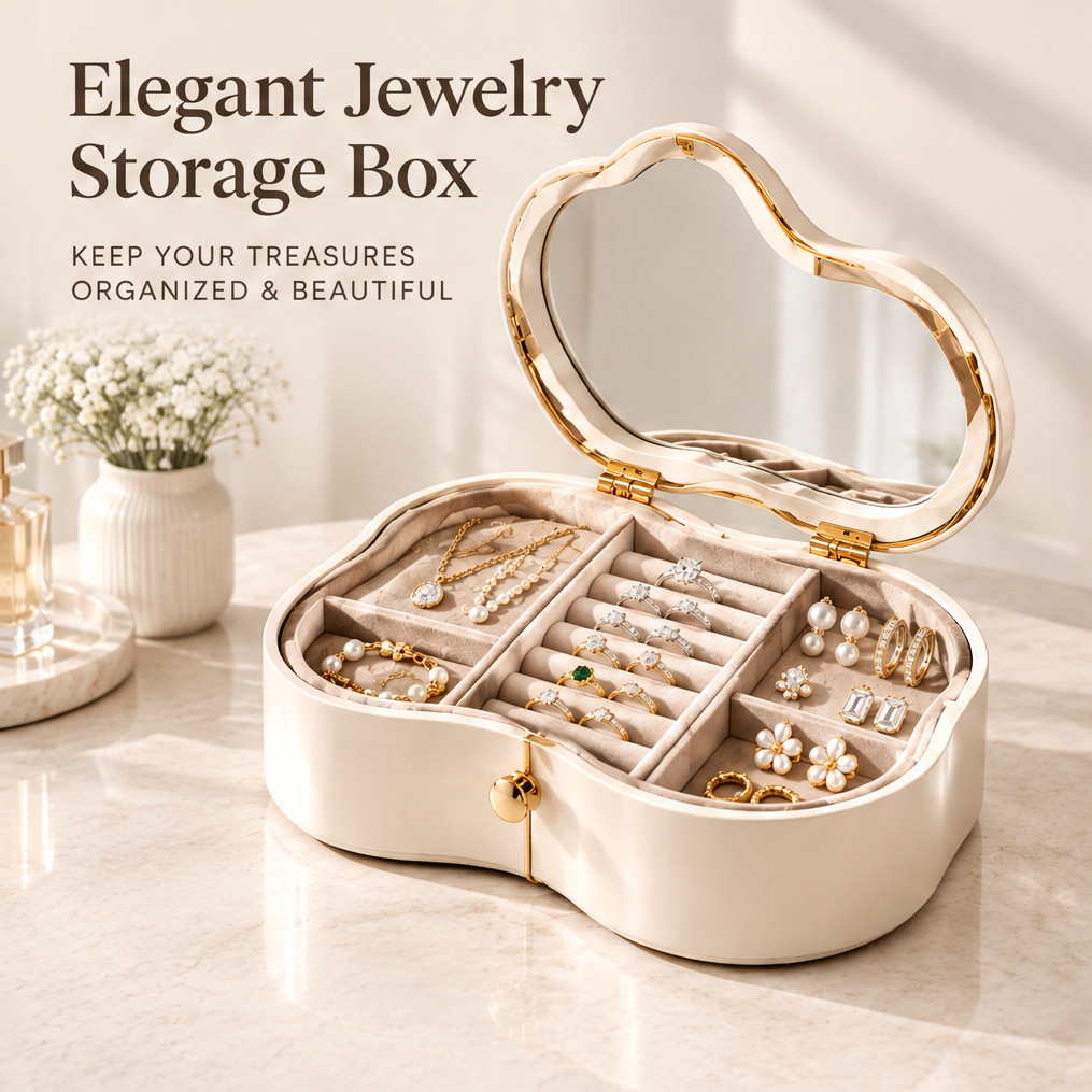 Elegant jewelry storage box — keep your treasures organized and beautiful. Cloud-shaped box open with mirror lid showing rings, earrings, necklaces and bracelets in velvet interior