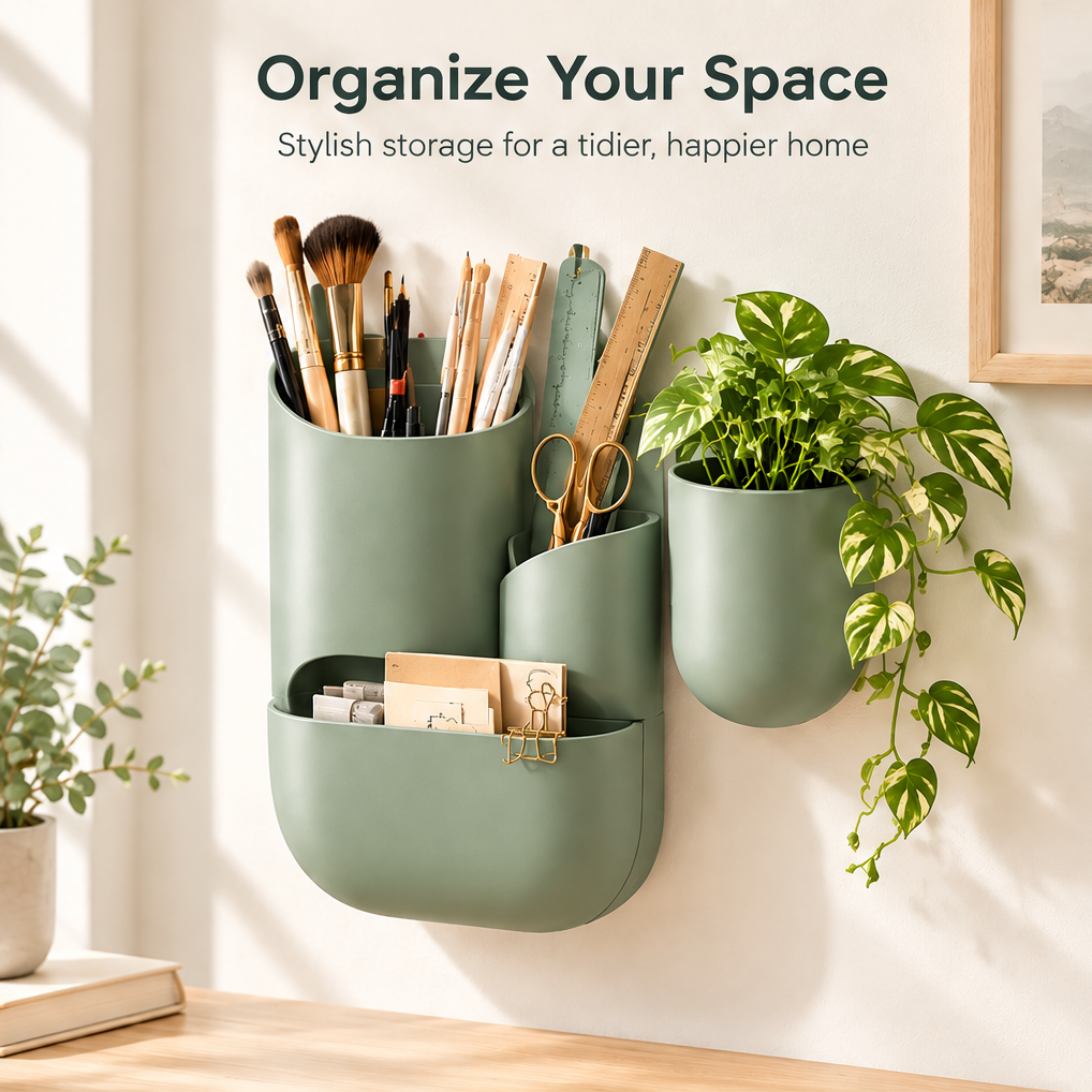 Organize your space — stylish storage for a tidier, happier home. Wall-mounted green organizer with multiple pockets holding brushes and a plant