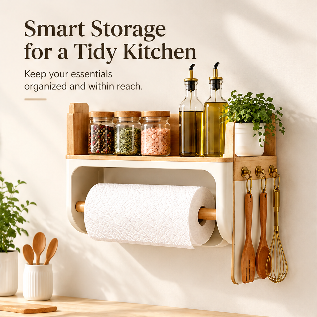 Smart storage for a tidy kitchen — keep your essentials organized and within reach. Wall shelf with paper towel roll and hanging utensils