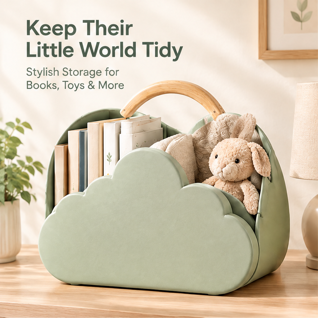 Keep their little world tidy — stylish storage for books, toys and more. Cloud-shaped basket with wooden handle on a nursery shelf