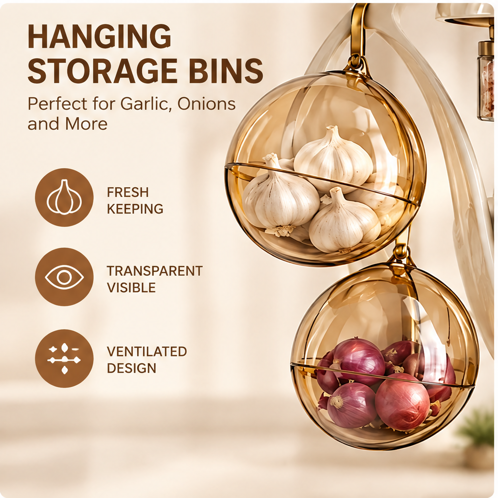 Hanging storage bins — perfect for garlic, onions and more. Fresh keeping, transparent visible, ventilated design