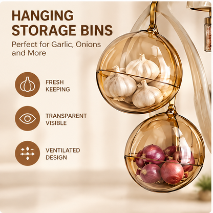 Hanging storage bins — perfect for garlic, onions and more. Fresh keeping, transparent visible, ventilated design