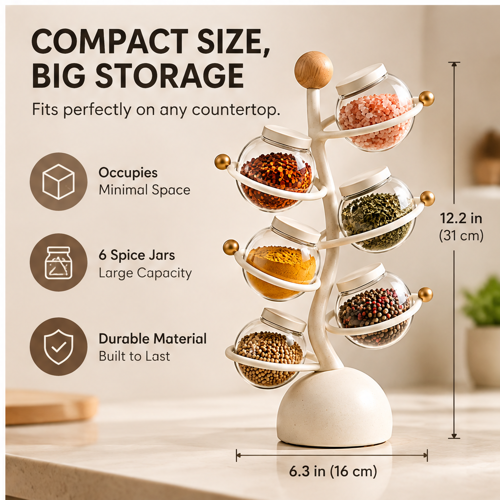 Compact size, big storage — fits perfectly on any countertop. 12.2 in (31 cm) tall, 6.3 in (16 cm) wide. 6 spice jars large capacity, durable material built to last