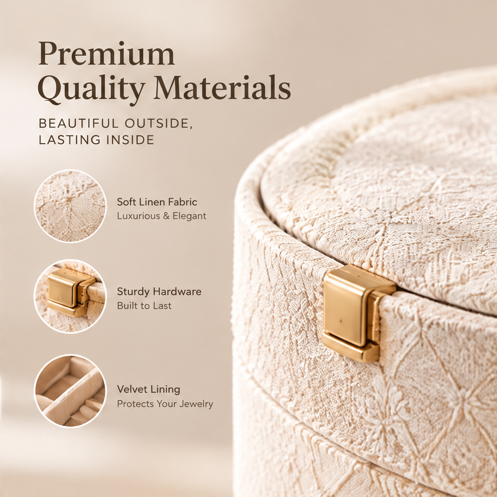 Premium quality materials — beautiful outside, lasting inside. Soft linen fabric luxurious and elegant, sturdy hardware built to last, velvet lining protects your jewelry. Close-up of cream linen texture with gold clasp detail