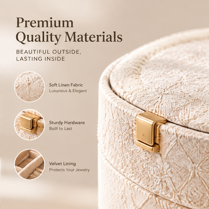 Premium quality materials — beautiful outside, lasting inside. Soft linen fabric luxurious and elegant, sturdy hardware built to last, velvet lining protects your jewelry. Close-up of cream linen texture with gold clasp detail