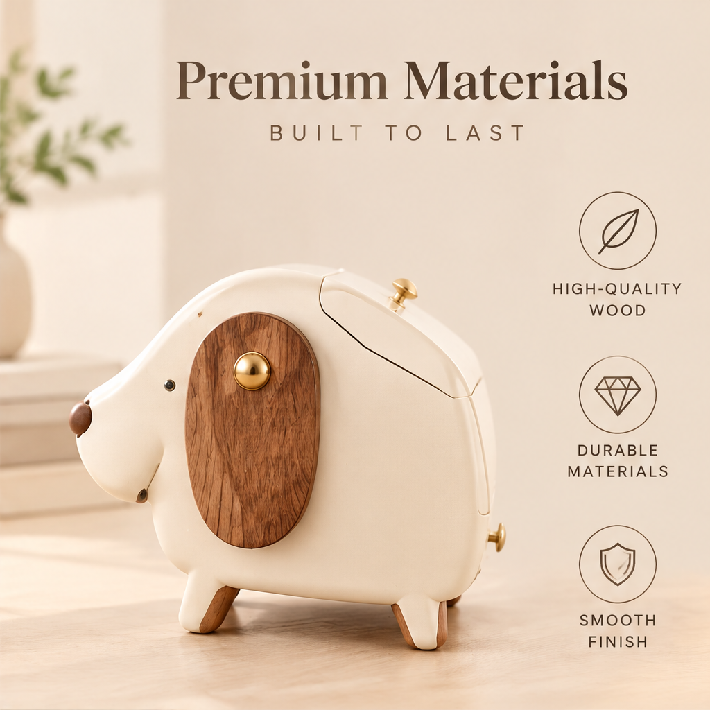 Premium materials — built to last. High-quality wood, durable materials, smooth finish. Side view of cream puppy organizer showing walnut wood ear panel with gold ball detail and four wooden feet