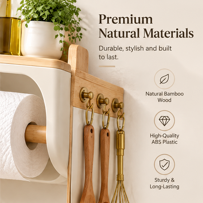 Premium natural materials — durable, stylish and built to last. Natural bamboo wood, high-quality ABS plastic, sturdy and long-lasting. Gold hooks with utensils hanging detail