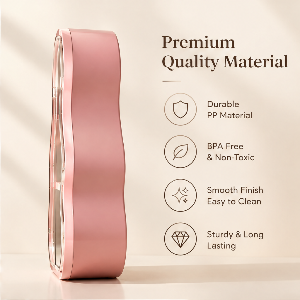 Clear door for easy access — keep your items dust-free and visible. Close-up of transparent hinged door with magnetic closure on pink wave-shaped shelf
