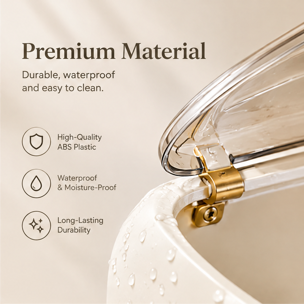 Premium material — durable, waterproof and easy to clean. High-quality ABS plastic, waterproof and moisture-proof, long-lasting durability. Close-up of gold hinge with water droplets