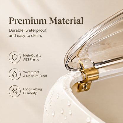 Premium material — durable, waterproof and easy to clean. High-quality ABS plastic, waterproof and moisture-proof, long-lasting durability. Close-up of gold hinge with water droplets